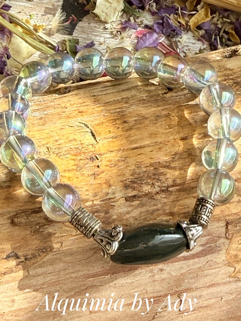 Alquimia Iridescent Bead Bracelet with Deep Green untreated emerald Focal Stone